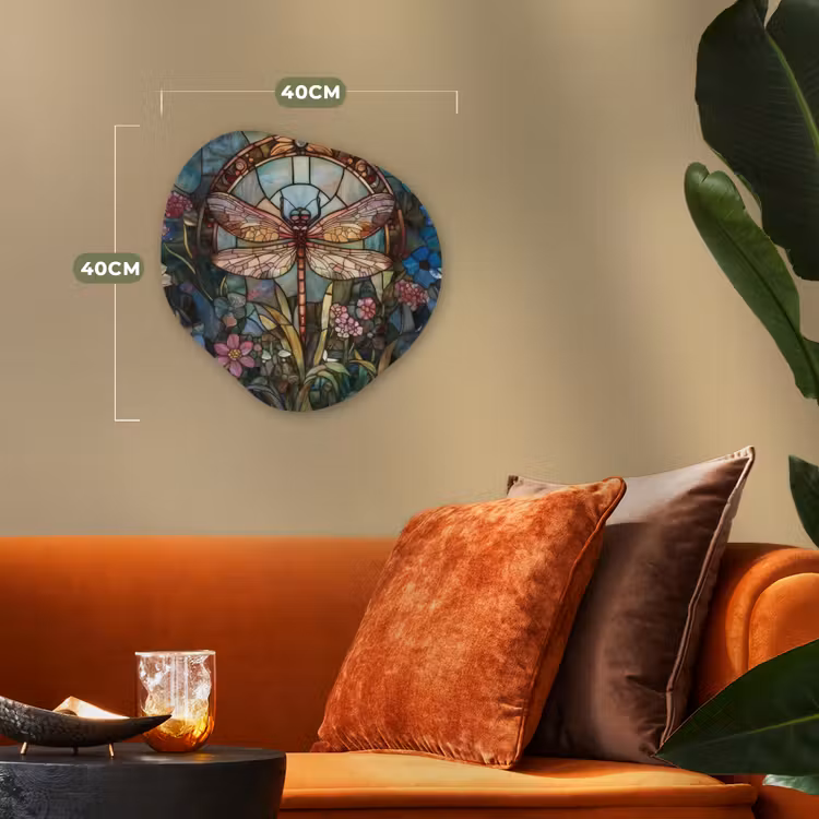 Libelle - Mozaïek - Bloemen - Kleurrijk Wandcirkel Organisch Forex 3mm klein -sfeer3