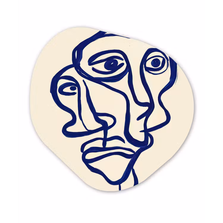 Lijntekening - Overlappende gezichten - Donkerblauw Wandcirkel Organisch Forex 3mm klein -3d