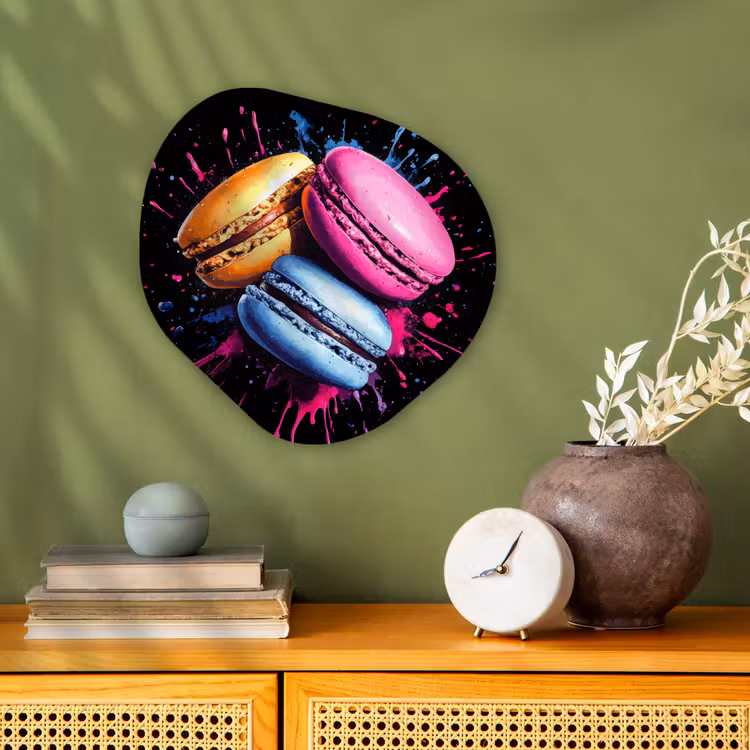 Macarons - Dessert - Graffiti - Kleurrijk - Roze - Blauw - Geel Wandcirkel Organisch Forex 3mm klein -sfeer2