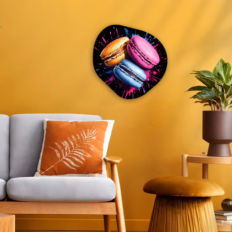 Macarons - Dessert - Graffiti - Kleurrijk - Roze - Blauw - Geel Wandcirkel Organisch Forex 3mm klein -sfeer4