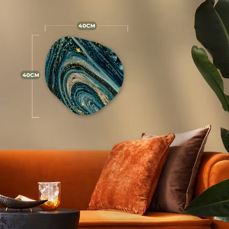 Marmerlook - Luxe - Goud - Turquoise - Glitter Wandcirkel Organisch Forex 3mm klein -sfeer3
