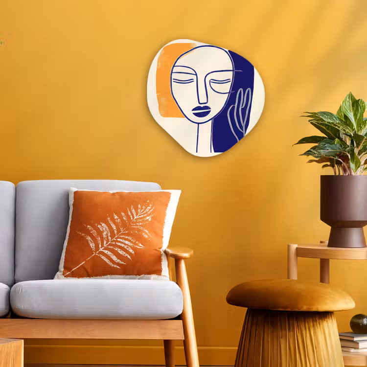 Minimalistisch - Gezicht - Hand - Oranje - Blauw Wandcirkel Organisch Forex 3mm klein -sfeer4