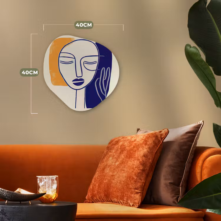 Minimalistisch - Gezicht - Hand - Oranje - Blauw Wandcirkel Organisch Forex 3mm klein -sfeer3