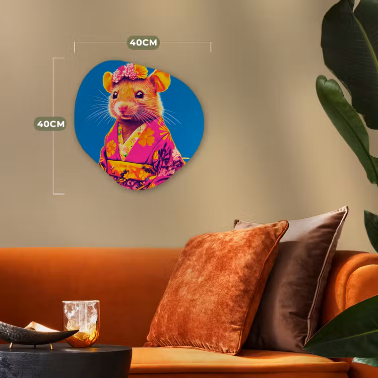 Muis - Kimono - Bloemen - Blauw Wandcirkel Organisch Forex 3mm klein -sfeer3