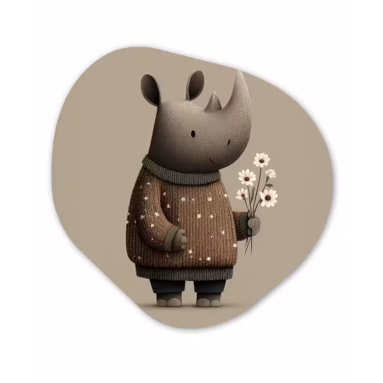 Neushoorn - Witte bloemen - Lief Wandcirkel Organisch Forex 3mm klein -3d