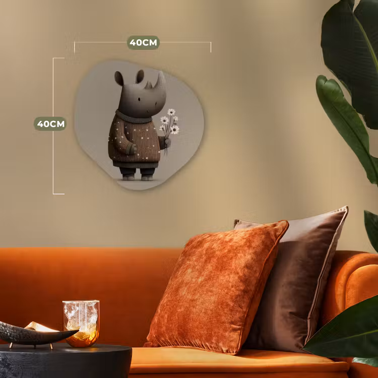 Neushoorn - Witte bloemen - Lief Wandcirkel Organisch Forex 3mm klein -sfeer3