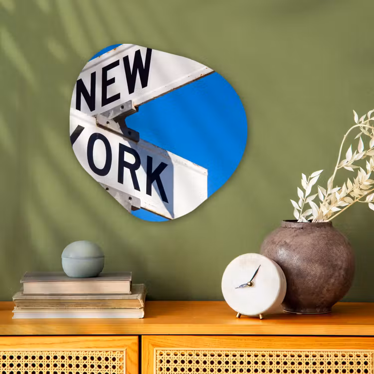 New York - Straatbord - Stad - Urban - Blauw Wandcirkel Organisch Forex 3mm klein -sfeer2
