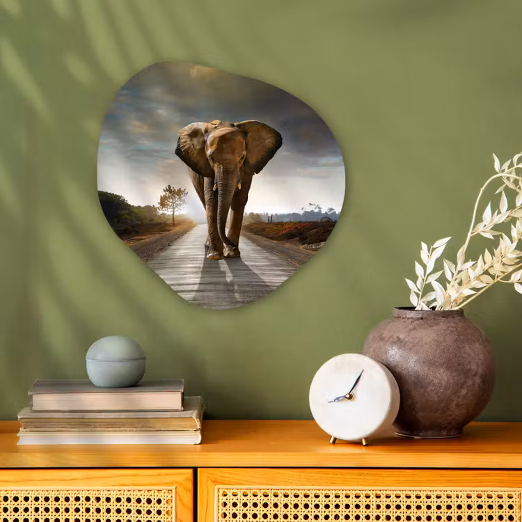 Olifant - Weg - Dieren - Zonsondergang - Landschap Wandcirkel Organisch Forex 3mm klein -sfeer2