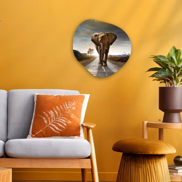 Olifant - Weg - Dieren - Zonsondergang - Landschap Wandcirkel Organisch Forex 3mm klein -sfeer4