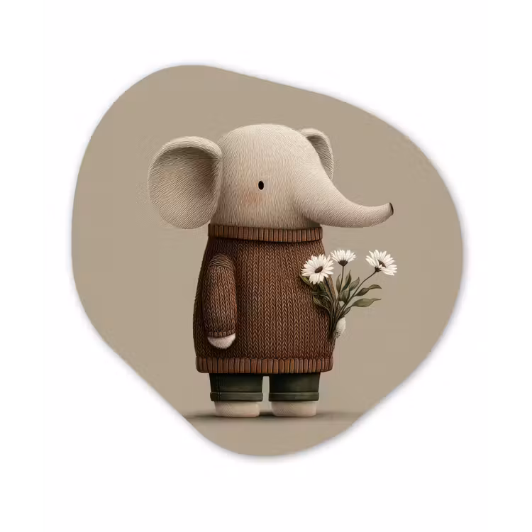 Olifant - Witte bloemen - Kindvriendelijk Wandcirkel Organisch Forex 3mm klein -3d