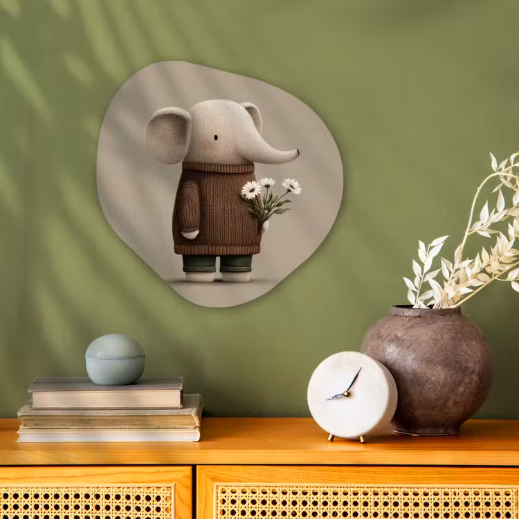 Olifant - Witte bloemen - Kindvriendelijk Wandcirkel Organisch Forex 3mm klein -sfeer2