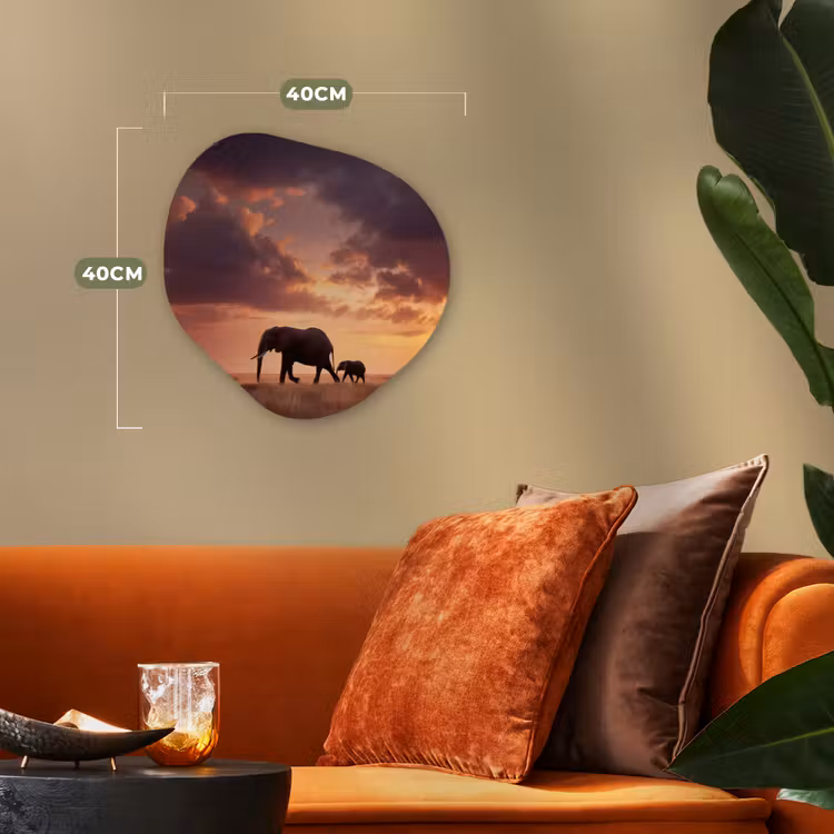 Olifanten - Grasland - Zonsondergang Wandcirkel Organisch Forex 3mm klein -sfeer3