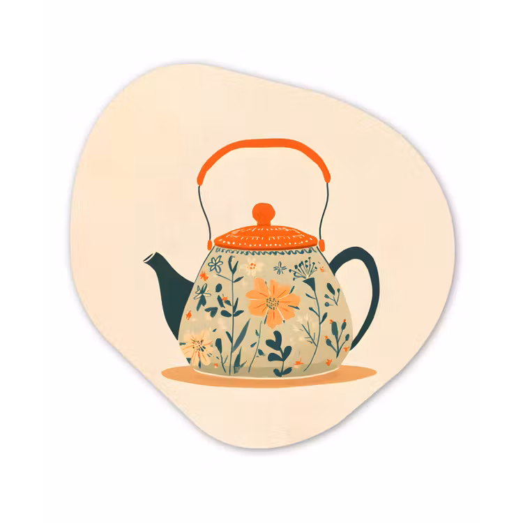 Oranje - Theepot - Bloemen - Bladeren Wandcirkel Organisch Forex 3mm klein -3d