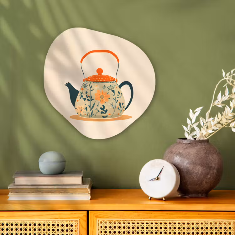 Oranje - Theepot - Bloemen - Bladeren Wandcirkel Organisch Forex 3mm klein -sfeer2
