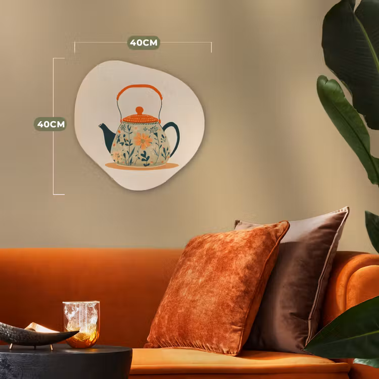 Oranje - Theepot - Bloemen - Bladeren Wandcirkel Organisch Forex 3mm klein -sfeer3