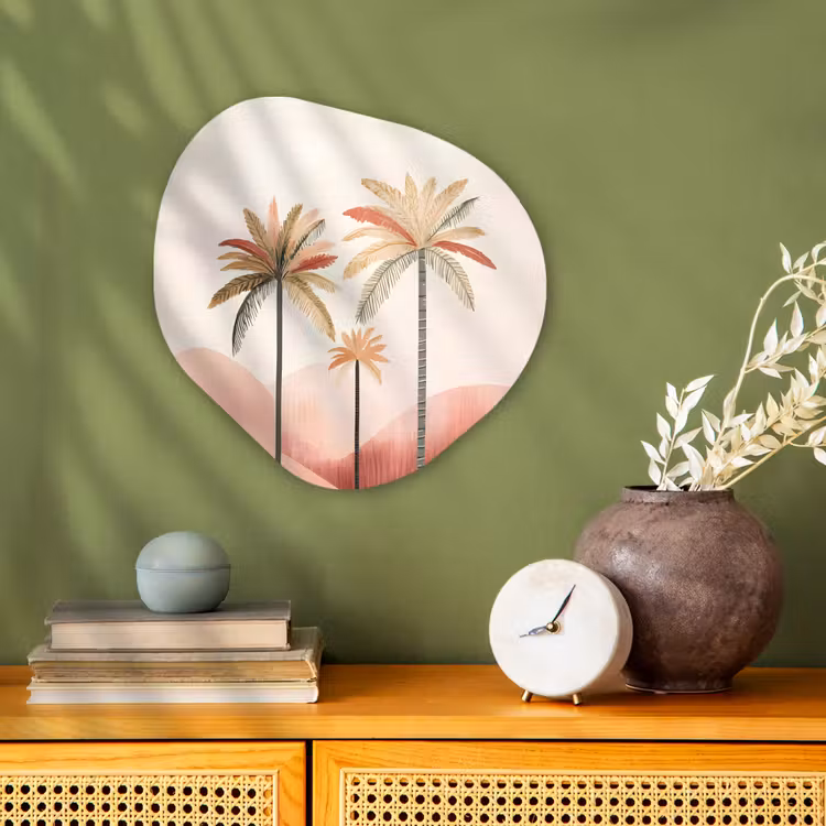 Palmbomen - Heuvels - Minimalistisch - Zachtroze Wandcirkel Organisch Forex 3mm klein -sfeer2