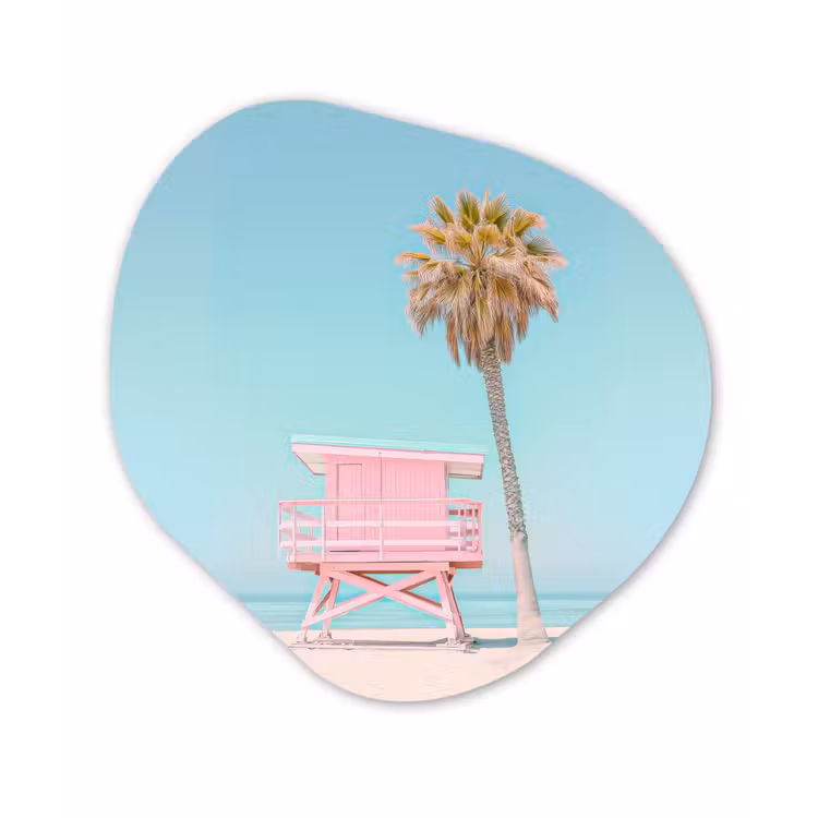 Palmboom - Strandhuis - Roze Wandcirkel Organisch Forex 3mm klein -3d