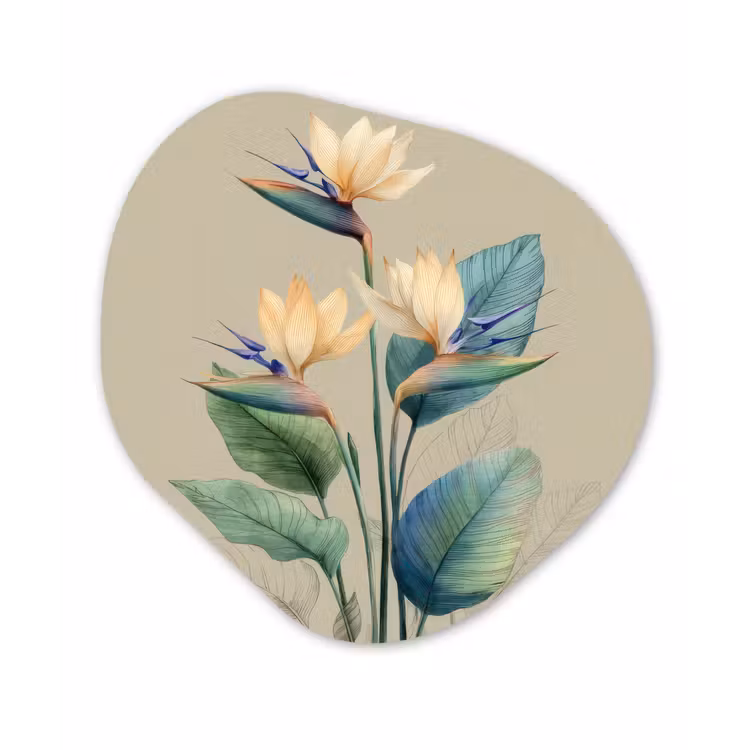 Paradijsvogelbloemen - Blauwgroene bladeren - Beige Wandcirkel Organisch Forex 3mm klein -3d