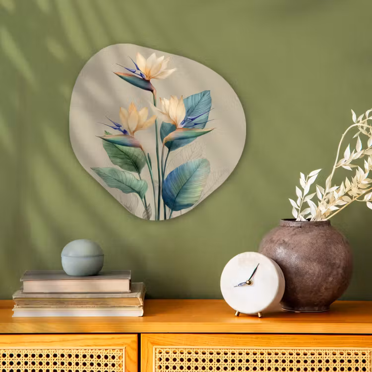 Paradijsvogelbloemen - Blauwgroene bladeren - Beige Wandcirkel Organisch Forex 3mm klein -sfeer2