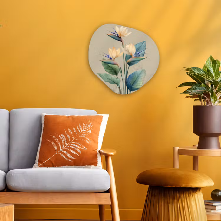 Paradijsvogelbloemen - Blauwgroene bladeren - Beige Wandcirkel Organisch Forex 3mm klein -sfeer4