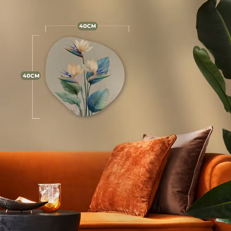 Paradijsvogelbloemen - Blauwgroene bladeren - Beige Wandcirkel Organisch Forex 3mm klein -sfeer3