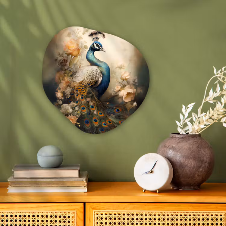 Pauw - Pauwenveren - Bloemen - Vogels - Botanisch Wandcirkel Organisch Forex 3mm klein -sfeer2