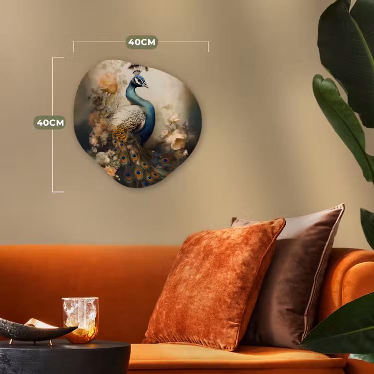 Pauw - Pauwenveren - Bloemen - Vogels - Botanisch Wandcirkel Organisch Forex 3mm klein -sfeer3
