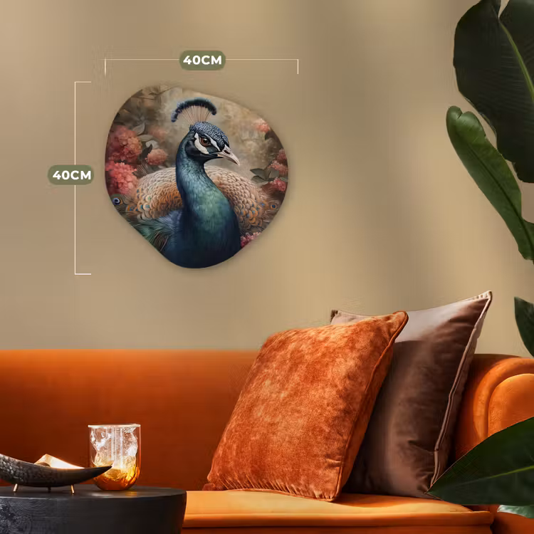 Pauw - Vogel - Bloemen - Planten - Pauwenveren Wandcirkel Organisch Forex 3mm klein -sfeer3