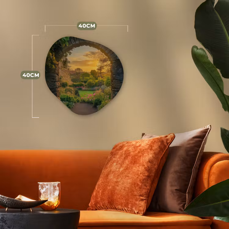 Poort - Planten - Zonsondergang Wandcirkel Organisch Forex 3mm klein -sfeer3