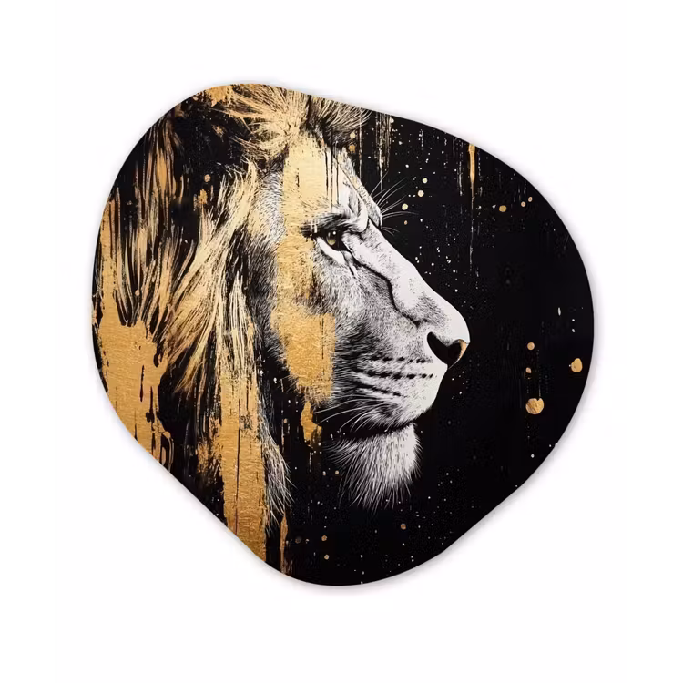 Portret - Leeuw - Abstract - Goud Wandcirkel Organisch Forex 3mm klein -3d