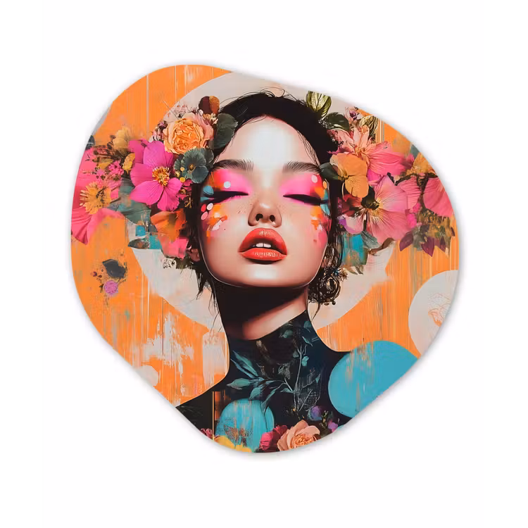 Portret - Vrouw - Abstract - Bloemen Wandcirkel Organisch Forex 3mm klein -3d
