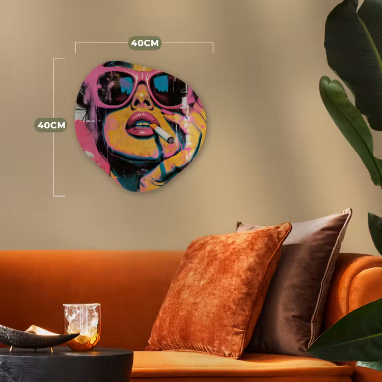 Portret - Vrouw - Abstract - Zonnebril Wandcirkel Organisch Forex 3mm klein -sfeer3