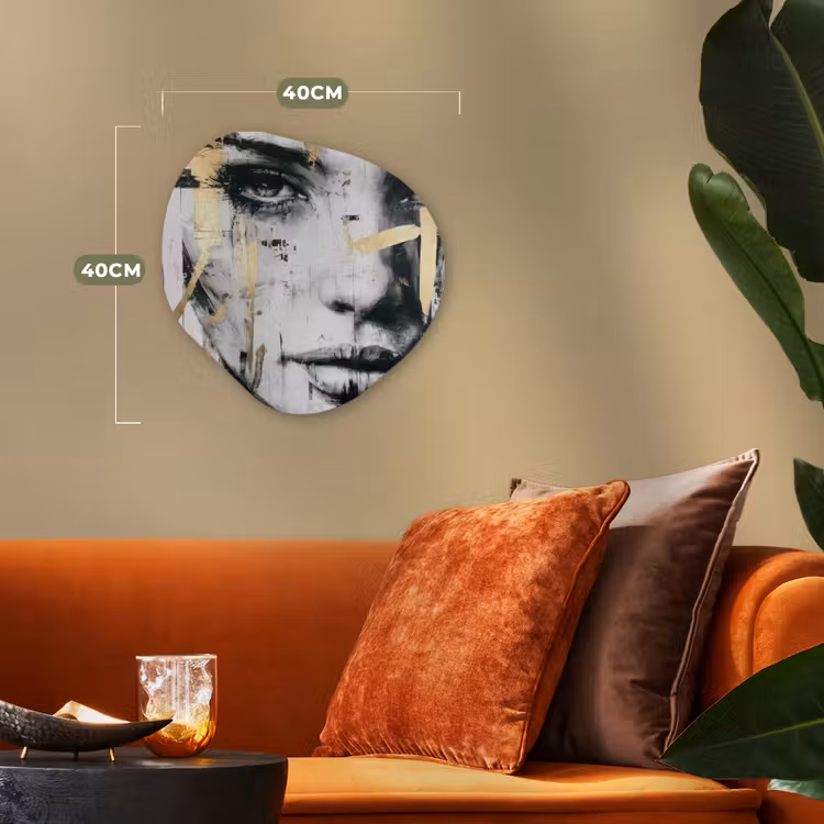 Portret - Vrouw - Penseelstreken - Goud Wandcirkel Organisch Forex 3mm klein -sfeer3