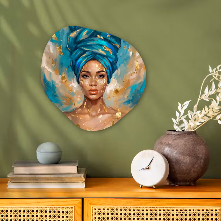 Portret - Vrouw - Schilderij - Blauw - Goud - Expressief Wandcirkel Organisch Forex 3mm klein -sfeer2