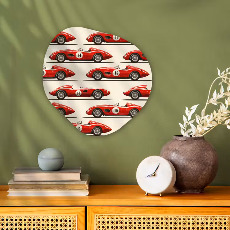 Raceauto - Retro - Rood Wandcirkel Organisch Forex 3mm klein 629 -sfeer2