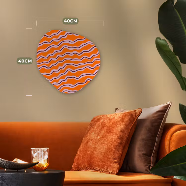 Retro - Golvend - Oranje Wandcirkel Organisch Forex 3mm klein 629 -sfeer3