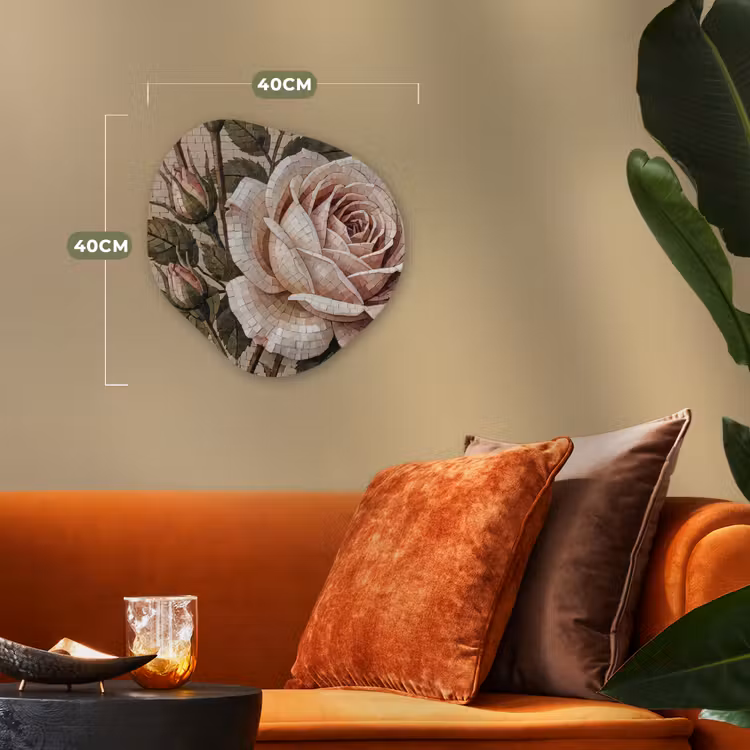 Roos - Mozaïek - Bloemen - Klassiek - Beige Wandcirkel Organisch Forex 3mm klein -sfeer3