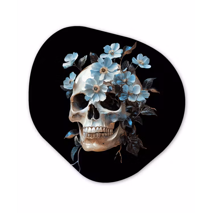 Schedel - Blauw - Bloemen - Bladeren Wandcirkel Organisch Forex 3mm klein -3d