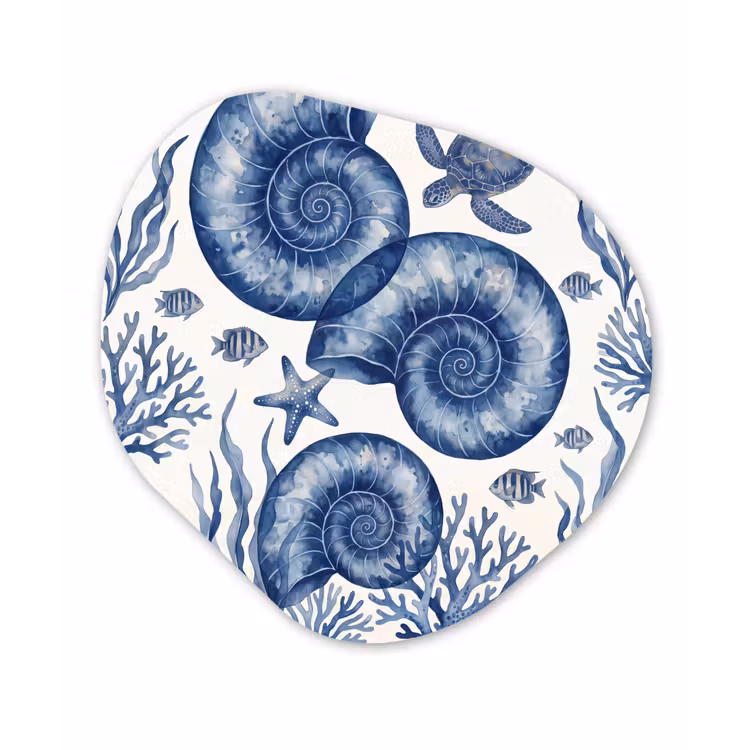 Schelp - Spiraal - Zeeleven - Aquarel - Blauw Wandcirkel Organisch Forex 3mm klein -3d