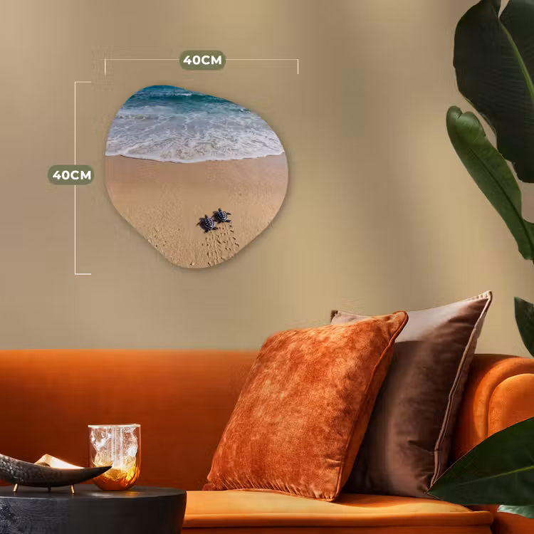 Schildpad - Jong - Strand - Oceaan - Blauw Wandcirkel Organisch Forex 3mm klein -sfeer3