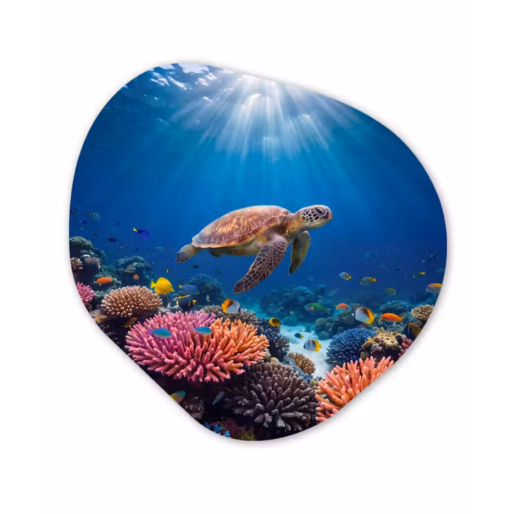 Schildpad - Koraalrif - Oceaan - Dieren - Blauw Wandcirkel Organisch Forex 3mm klein -3d