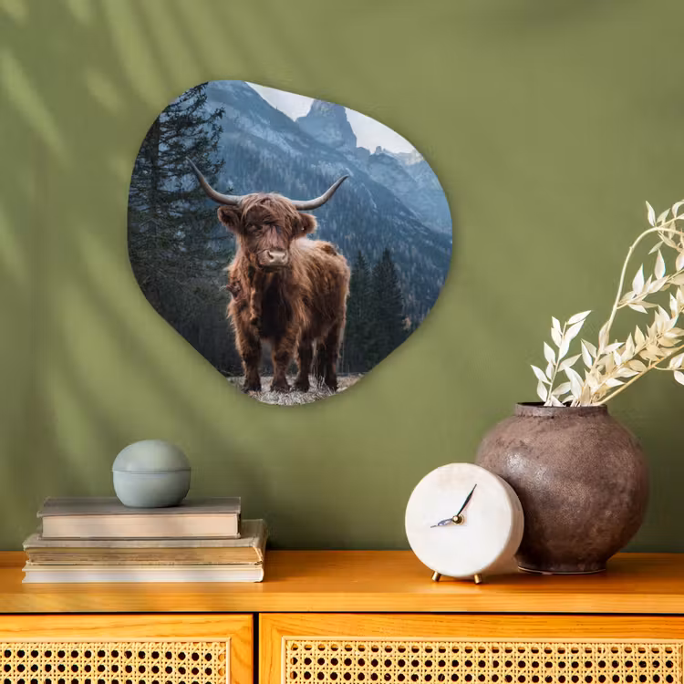 Schotse hooglander - Berg - Landschap - Bomen - Koe - Natuur Wandcirkel Organisch Forex 3mm klein -sfeer2