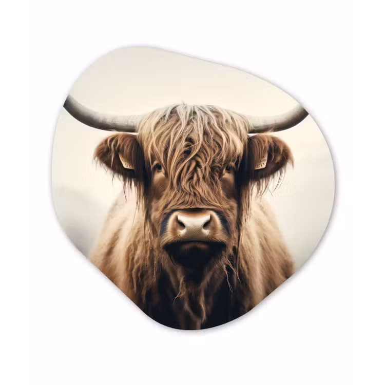 Schotse hooglander - Hoorns - Landschap Wandcirkel Organisch Forex 3mm klein -3d