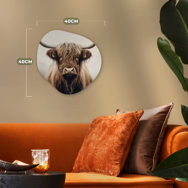Schotse hooglander - Hoorns - Landschap Wandcirkel Organisch Forex 3mm klein -sfeer3