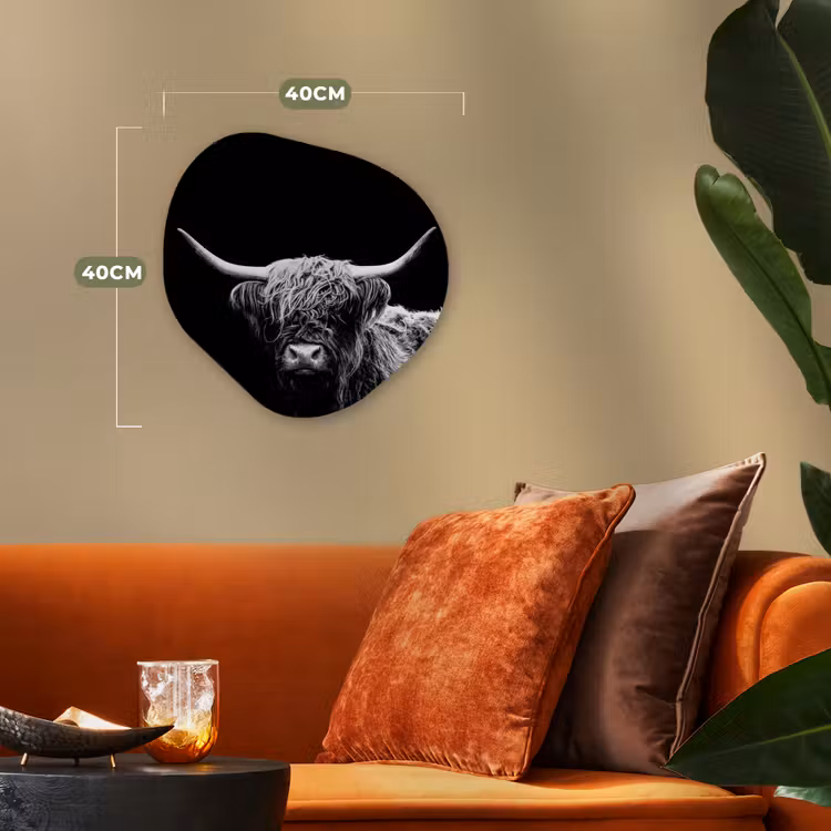 Schotse Hooglander - Koe - Zwart - Wit - Dieren Wandcirkel Organisch Forex 3mm klein -sfeer3