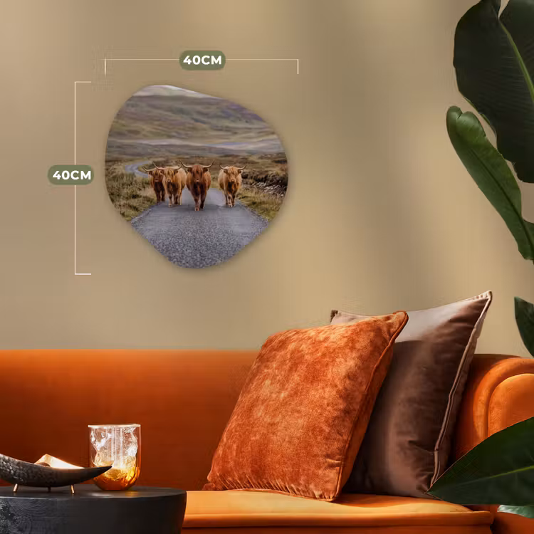 Schotse Hooglanders - Weg - Landschap - Kudde Wandcirkel Organisch Forex 3mm klein -sfeer3