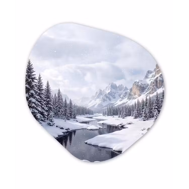 Sneeuwlandschap - Bergen - Rivier - Winter Wandcirkel Organisch Forex 3mm klein -3d
