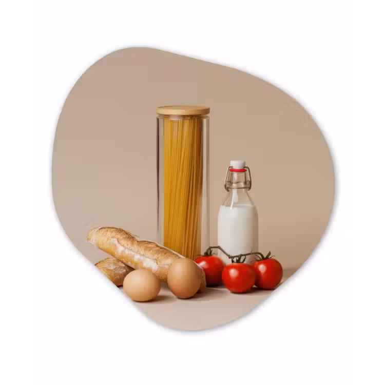 Spaghetti - Melk - Tomaten - Eieren - Brood Wandcirkel Organisch Forex 3mm klein -3d