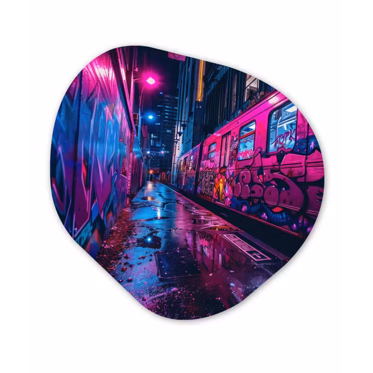 Stad - Neon - Nacht - Roze - Graffiti Wandcirkel Organisch Forex 3mm klein -3d