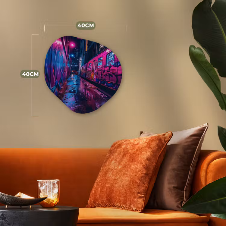 Stad - Neon - Nacht - Roze - Graffiti Wandcirkel Organisch Forex 3mm klein -sfeer3